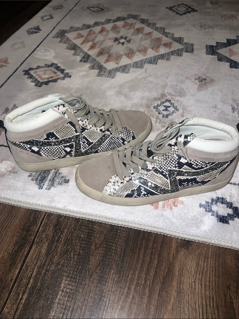 Gianni Bini High-Top Snake-Print Sneakers in Taupe and Black